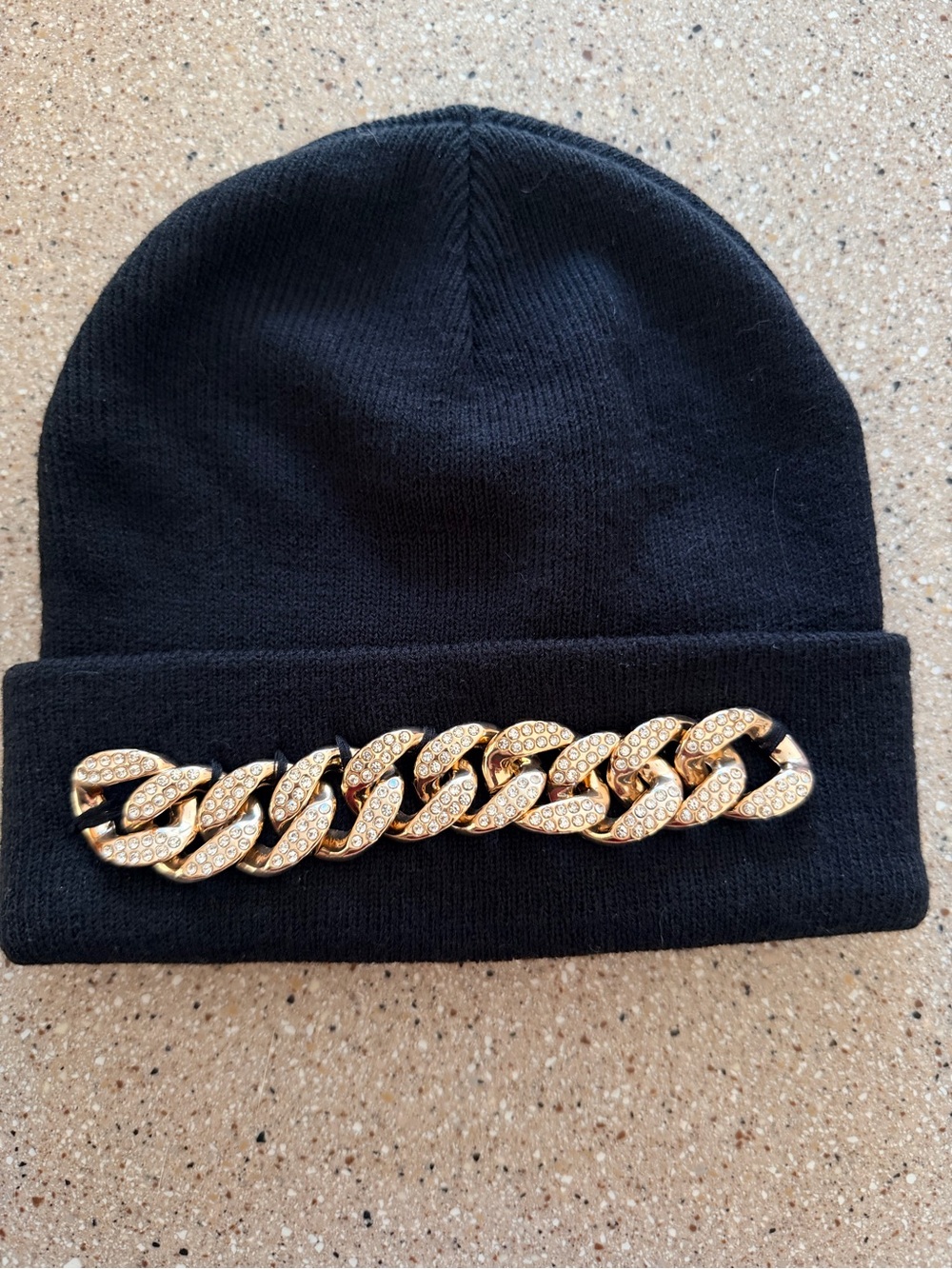 Aldo Black Knit Beanie with Golden bling  Crystal Chain lightweight